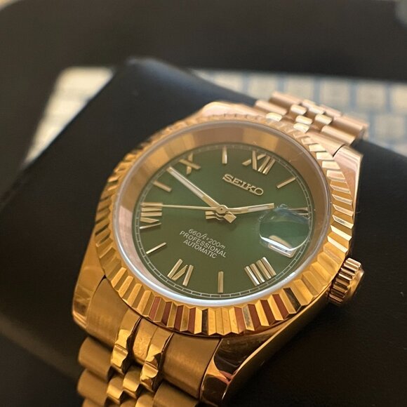 Seiko custom build rose gold green dial mod automatic watch -NH35 jubilee - Picture 2 of 6